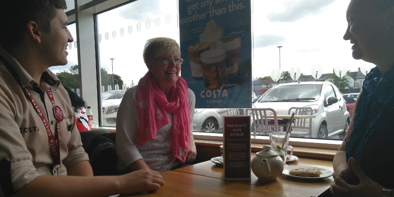 A Chatter & Natter table has been introduced in the Hednesford branch of Costa.   Ryan Thompson, store manager is pictured at the table with Hednesford Town Councillors Sharon Jagger and Debbie Cartwright.